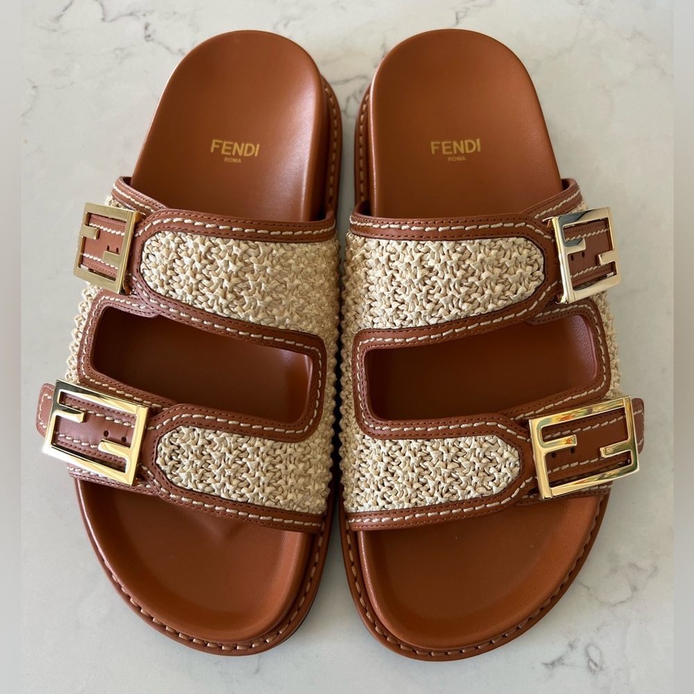 Fendi Raffia & Leather Slides